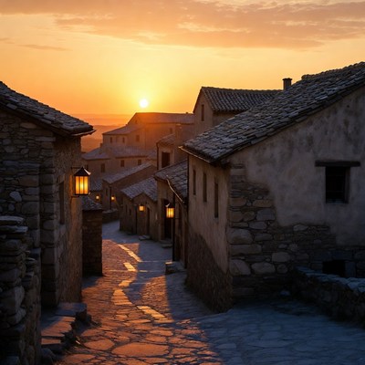 Sunset over stone village alley