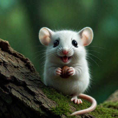 Cute white mouse eating acorn