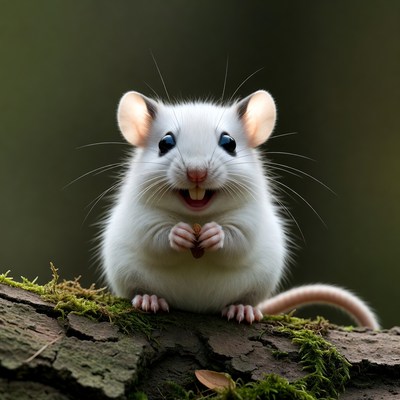 White mouse eating acorn on mossy log