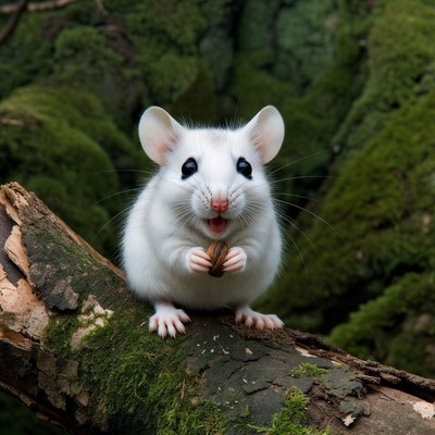 White mouse eating nut on mossy branch
