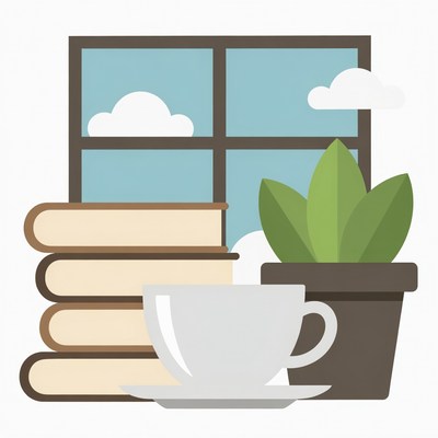 Books, Coffee Cup, Plant by Window