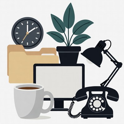 Office Desk with Computer and Plant