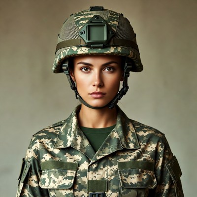 Woman in Camouflage Helmet