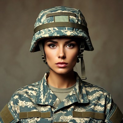 Woman in Camouflage Military Helmet