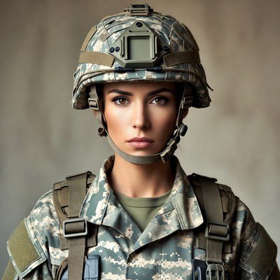 Woman in military helmet and camouflage uniform