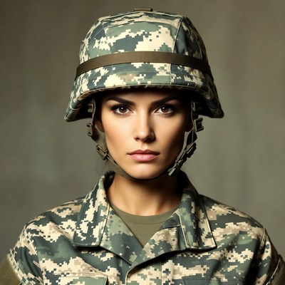 Woman in camouflage helmet