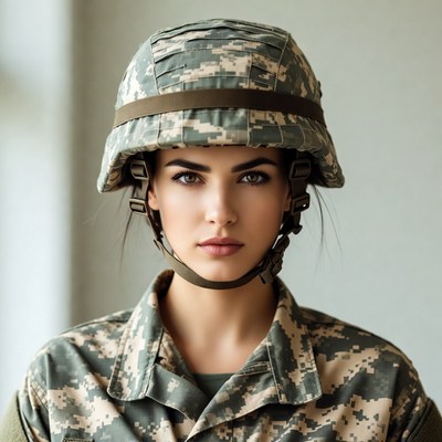 Woman in Camouflage Helmet