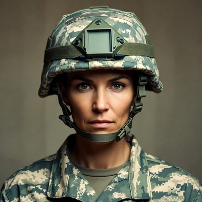 Woman in camouflage helmet