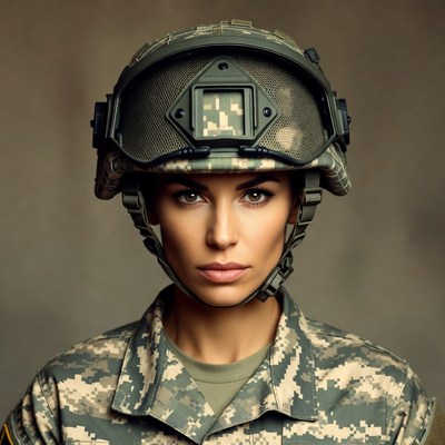 Woman in military helmet and camouflage