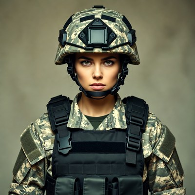 Woman in tactical military helmet