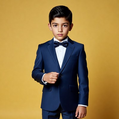 Young boy in navy tuxedo bowtie