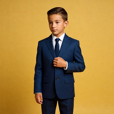 Boy in navy suit on yellow background