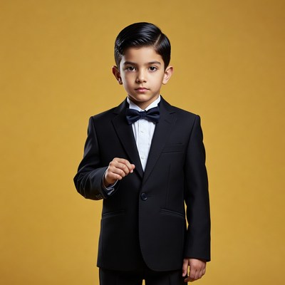 Young boy in tuxedo on yellow background