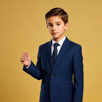 Boy in navy suit on yellow background