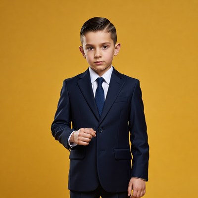 Boy in navy suit on yellow background