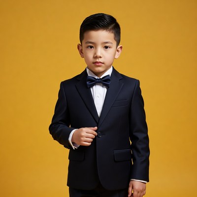 Asian boy in navy tuxedo bowtie