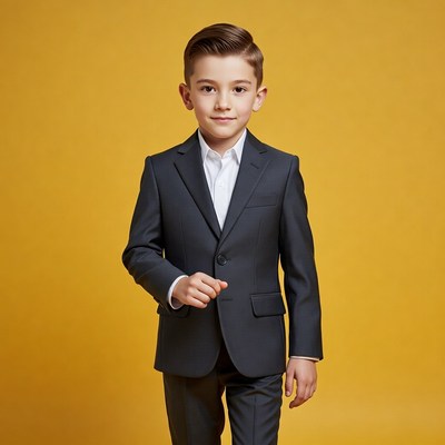 Boy in navy suit on yellow background