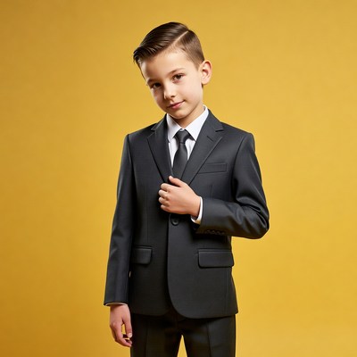 Boy in black suit on yellow background