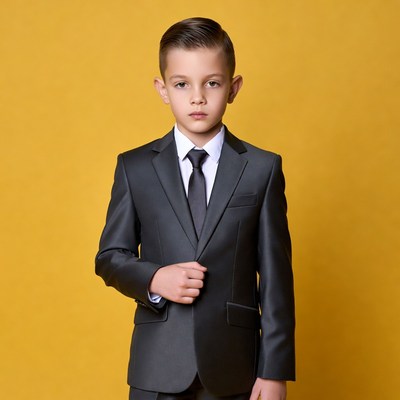Boy in black suit on yellow background
