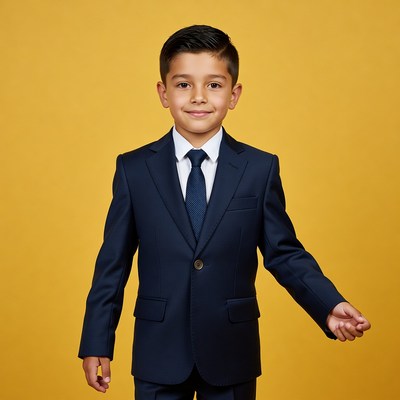 Boy in navy suit smiling on yellow background