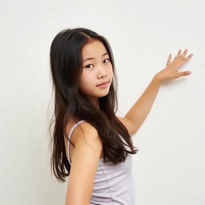 Asian girl posing hand on wall