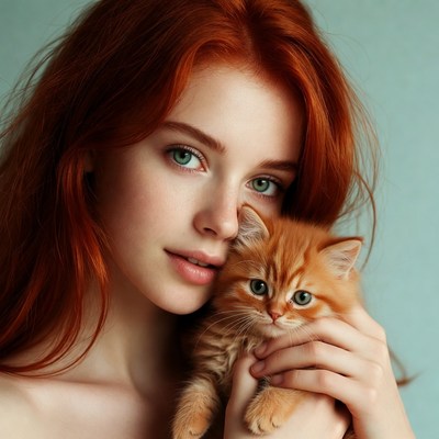 Redhead woman holding ginger kitten