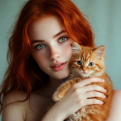 Redhead woman holding orange kitten
