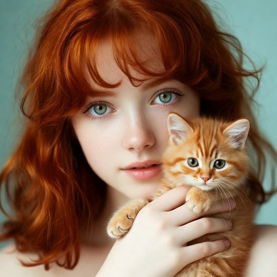 Redhead woman holding ginger kitten