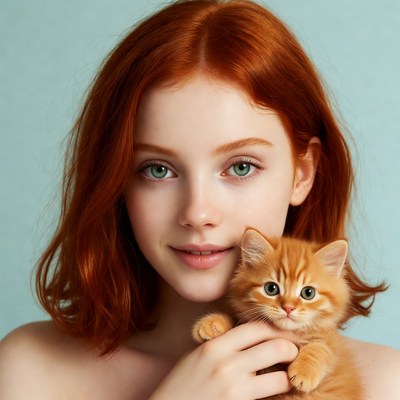 Redhead woman holding orange kitten