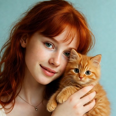 Redhead woman holding ginger kitten