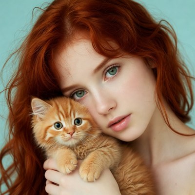 Redhead woman holding orange kitten