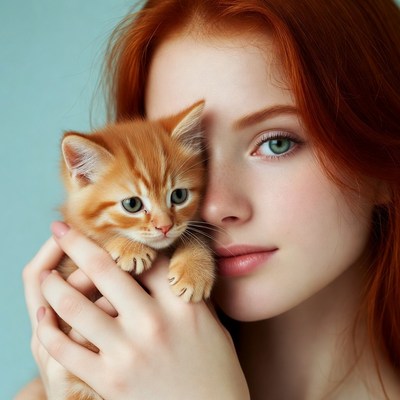 Redhead woman holding orange kitten