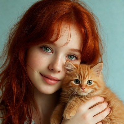 Redhead girl holding orange kitten