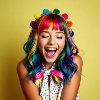 Girl with rainbow hair and pom pom headband
