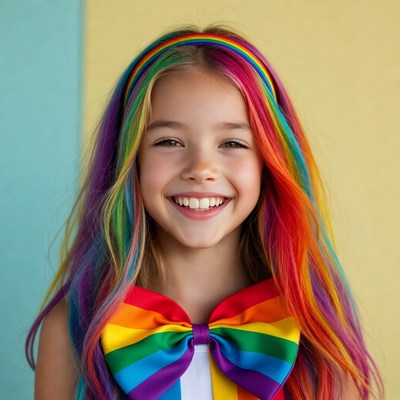 Girl with rainbow hair and bow