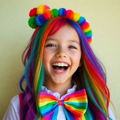 Girl with rainbow hair and clown pom poms