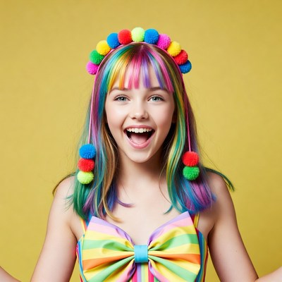 Girl with rainbow hair and pom poms