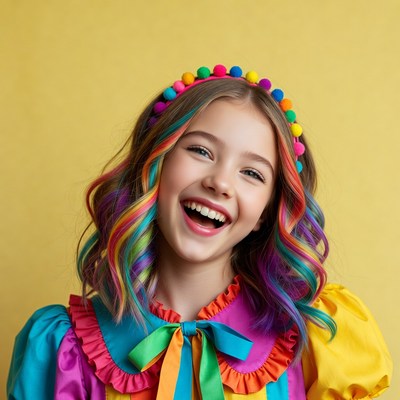 Girl with rainbow hair and pom pom headband