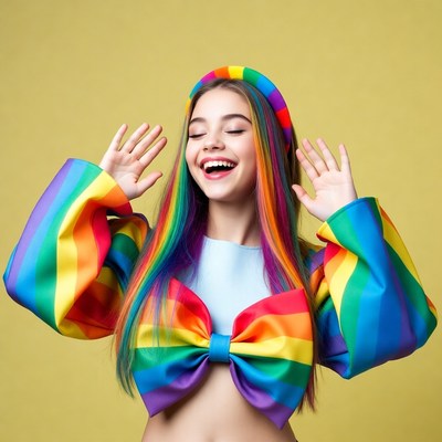 Girl in rainbow outfit with headband