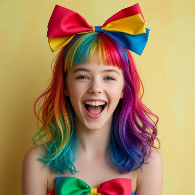 Girl with rainbow hair and giant bow
