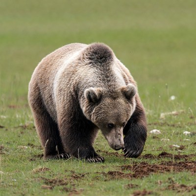Grizzly bear foraging in green meadow