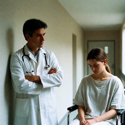 Doctor standing with patient in wheelchair