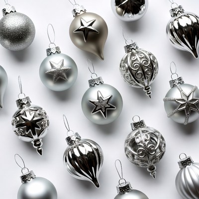 Silver Christmas Ornaments on White