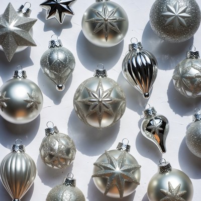 Silver Christmas Ornaments on White Background