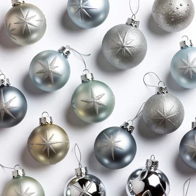 Silver Christmas Ornaments on White Background