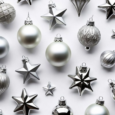 Silver Christmas Ornaments on White