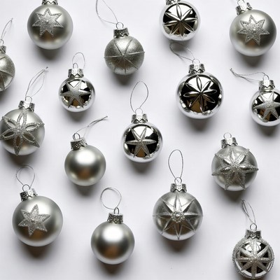Silver Christmas Ornaments on White Background