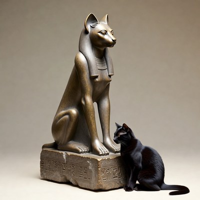 Black Cat Beside Egyptian Bastet Statue