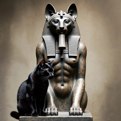 Black Cat Beside Egyptian Bastet Statue