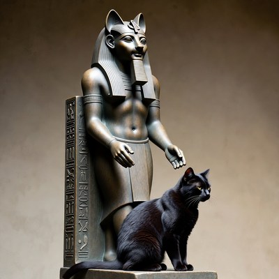 Egyptian Bastet Statue with Black Cat